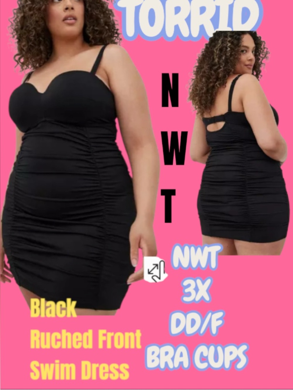 LOWEST🌺NWT TORRID 3X DD/F RETRO STYLE UNDERWIRE BRA BLACK RUCHED FRONT SWIMSUIT